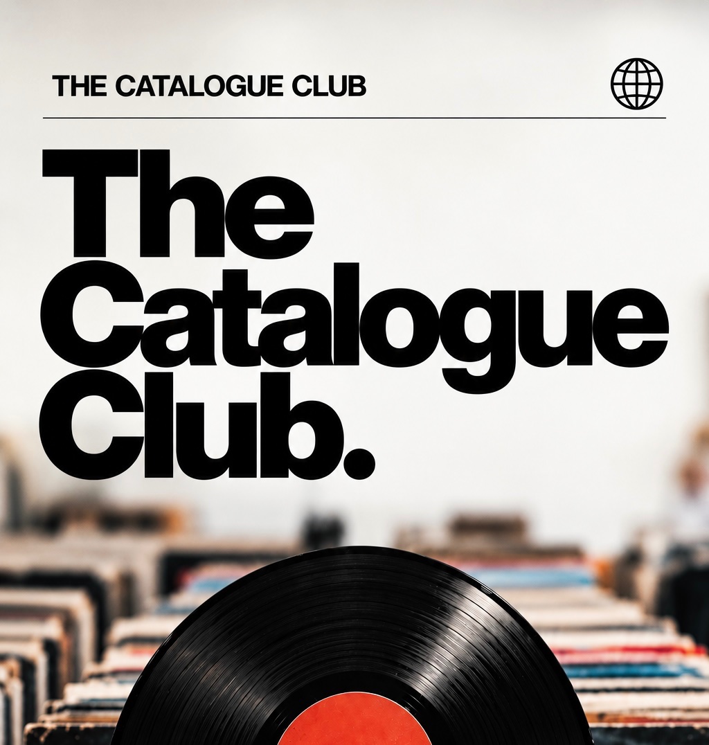 The Catalogue Club wordmark above a vinyl record with a red centre label, surrounded by rows of record sleeves.